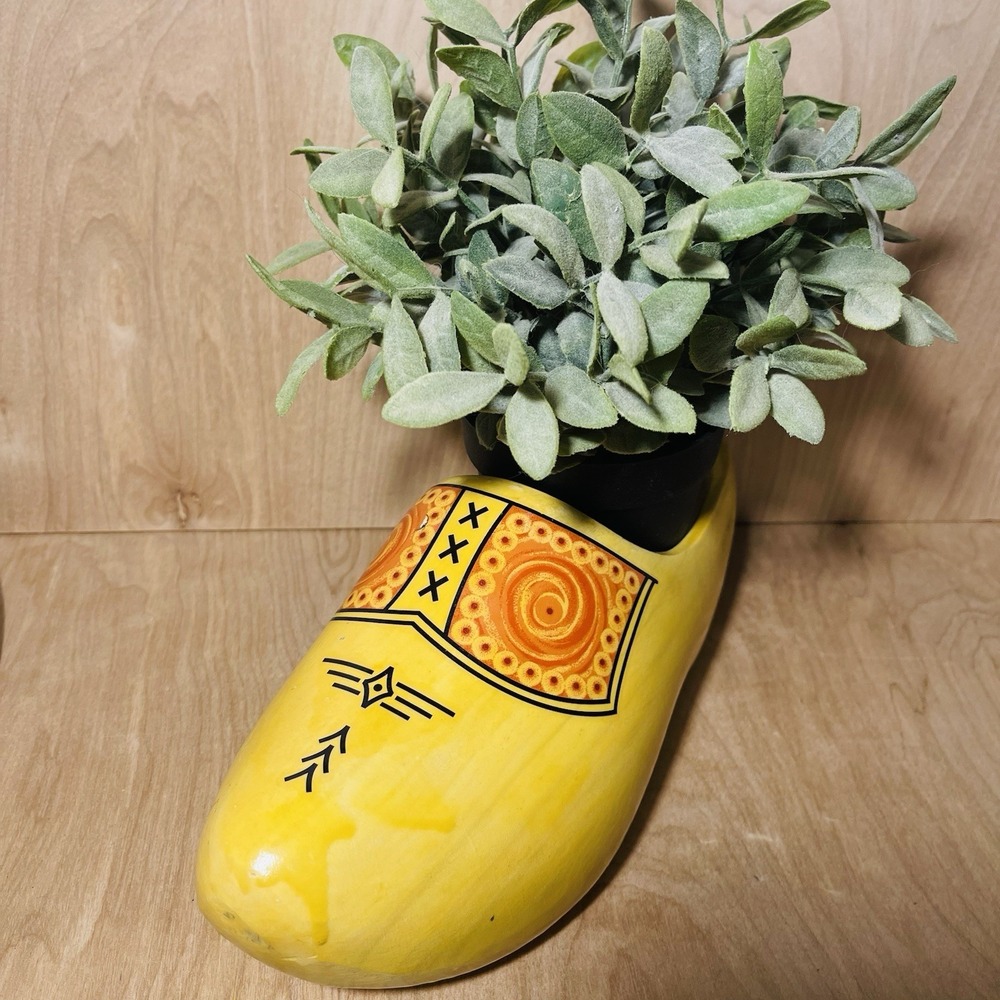 Wooden Dutch Clog Shoe‎ Hand Carved & Painted Decoration Planter Yellow 25 CM